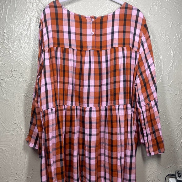 EVRI Orange Bell Sleeve Back Button Cotton Modal Plaid Plus Size Blouse Sz 1X - Picture 4 of 5